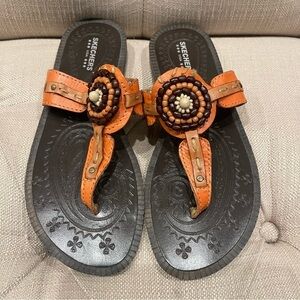 Sketchers Sandals Women’s Sz 7 Orange Brown Beaded Western leather Slips on